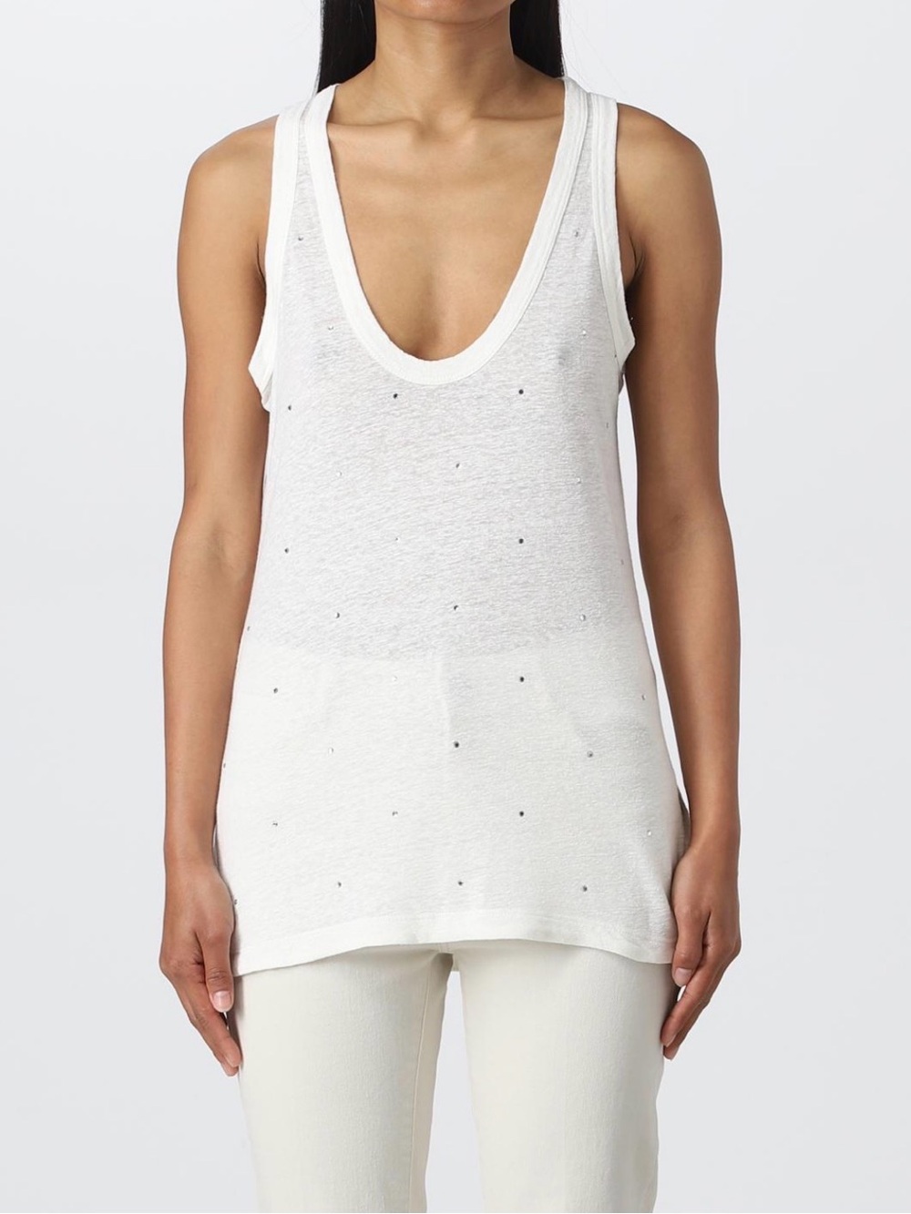 ZADIG & VOLTAIRE | Women’s White Samy Ao Dots Strass Linen Scoop Neck Tank Top S